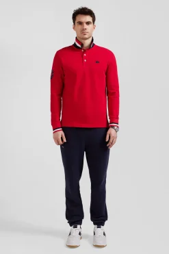 Polo manches longues en piqué coton rouge broderie XV de France coupe Regular