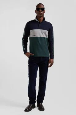 Polo manches longues en piqué coton vert chiné coupe Regular