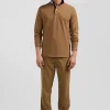 Polo manches longues en piqué coton camel col cerclé coupe Regular