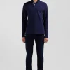 Polo manches longues en piqué coton bleu marine