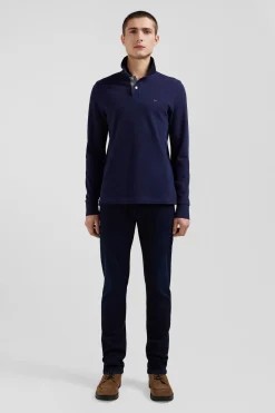 Polo manches longues en piqué coton bleu marine