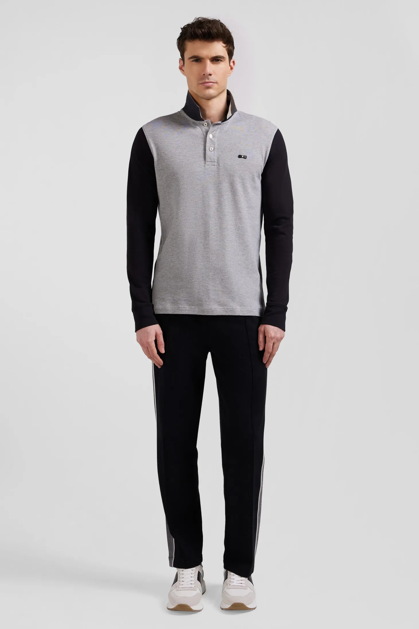 Polo manches longues en piqué coton bicolore noir col jacquard coupe Regular