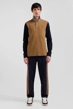 Polo manches longues en piqué coton bicolore camel col jacquard coupe Regular