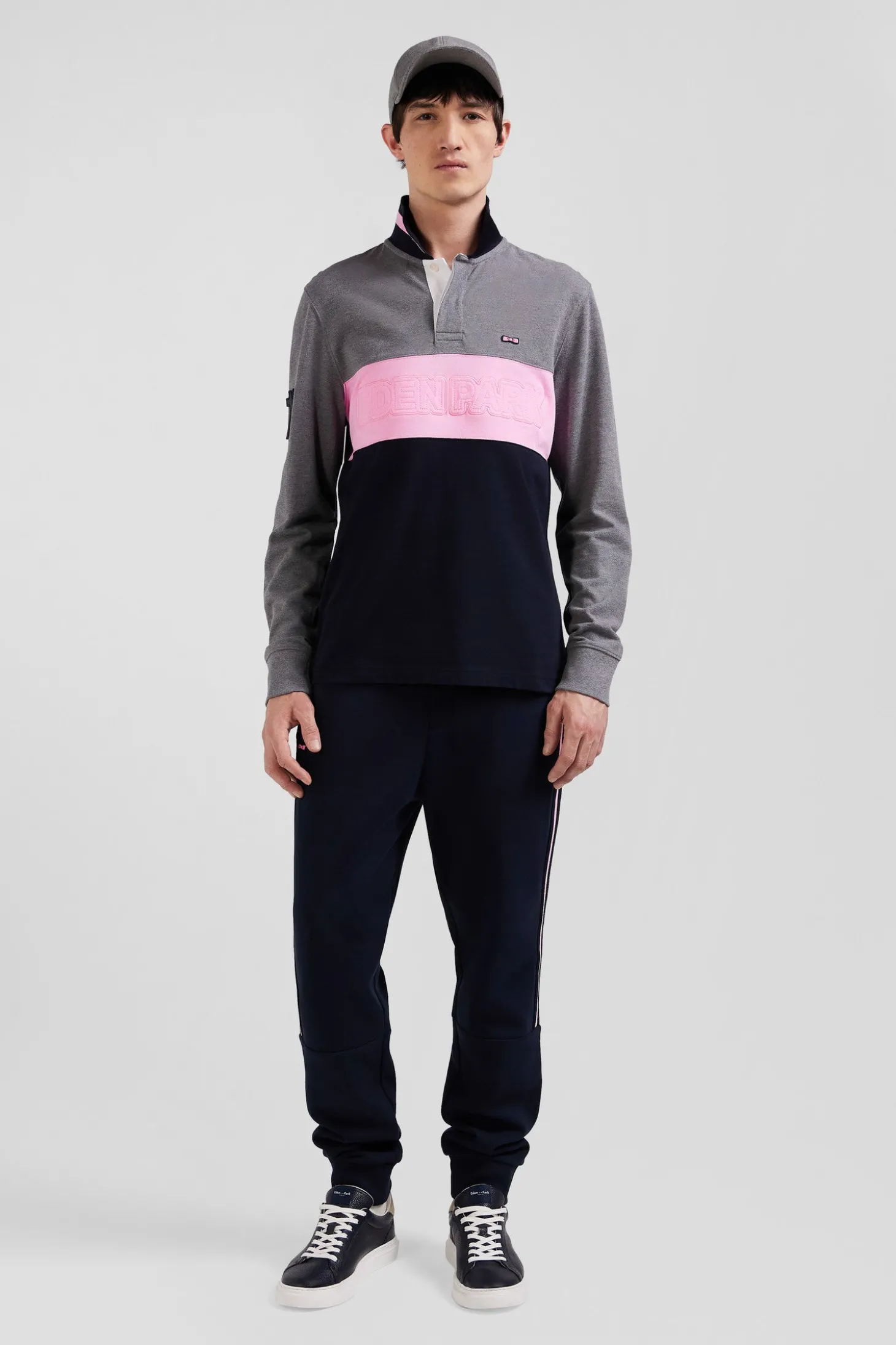 Polo manches longues en piqué coton gris broderie matelassée coupe Regular