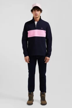 Polo manches longues en piqué coton bleu marine broderie matelassée coupe Regular