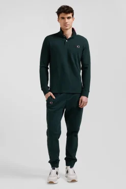Polo manches longues en piqué coton vert détails roses coupe Regular