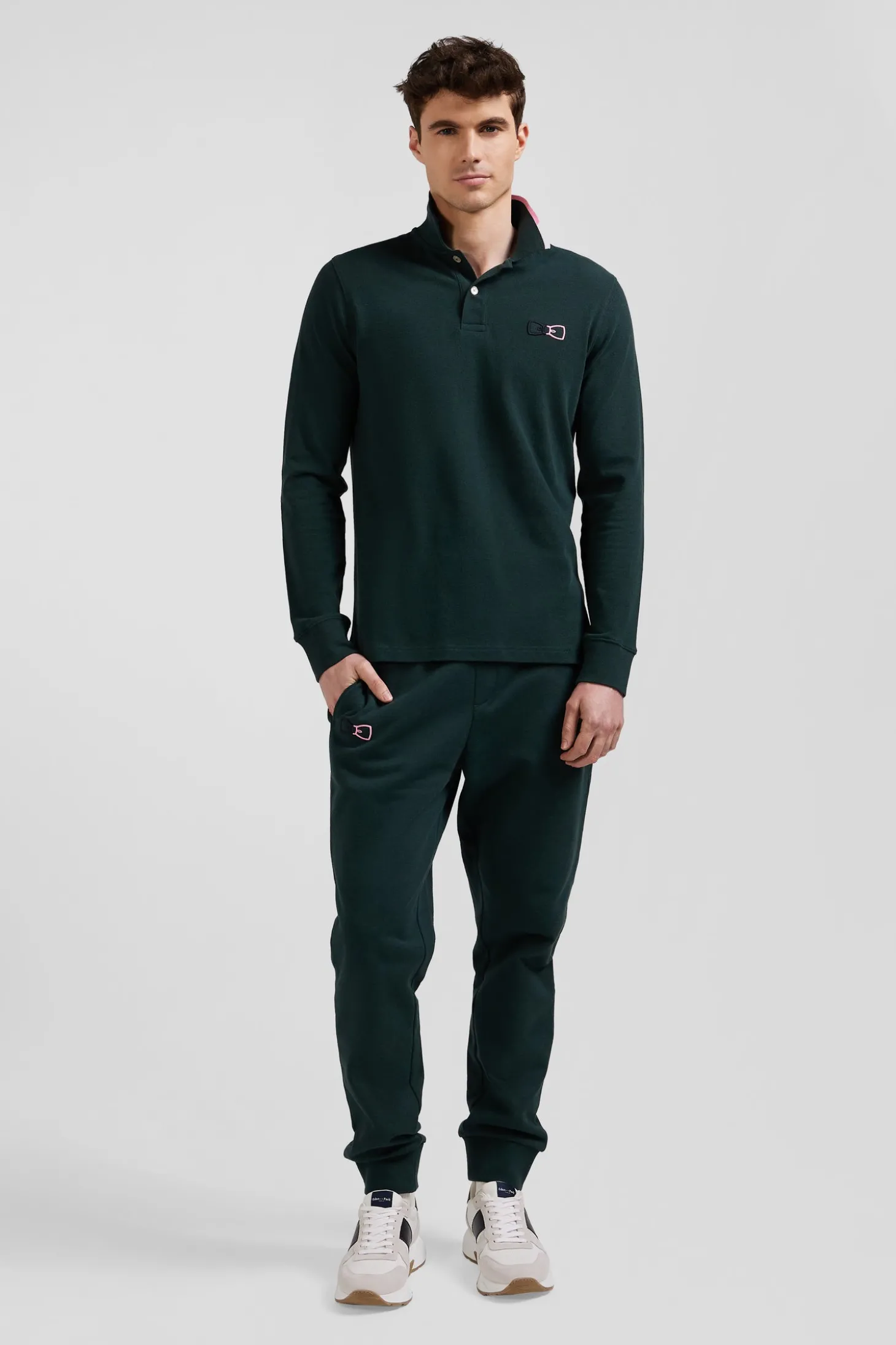 Polo manches longues en piqué coton vert détails roses coupe Regular