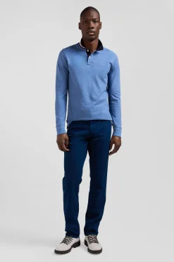 Polo manches longues en piqué coton ciel col cerclé coupe Regular