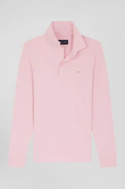 Polo manches longues en piqué coton rose coupe Slim
