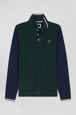 Polo manches longues en piqué coton vert col jacquard écusson gomme coupe Regular