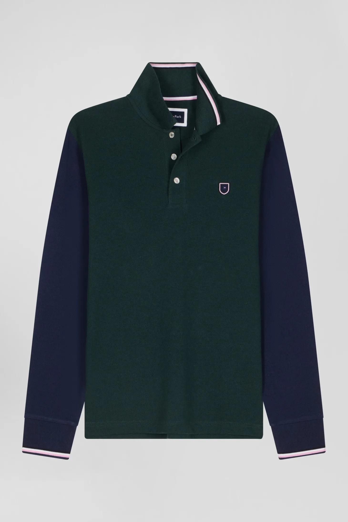 Polo manches longues en piqué coton vert col jacquard écusson gomme coupe Regular