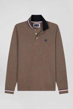 Polo manches longues en piqué coton marron écusson gomme coupe Regular