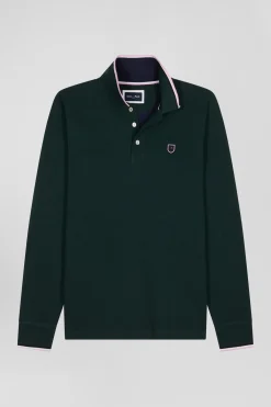 Polo manches longues en piqué coton vert détails tricolores coupe Regular