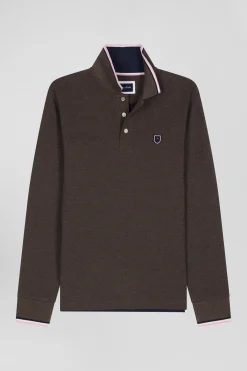 Polo manches longues en piqué coton marron détails tricolores coupe Regular