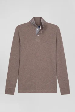 Polo manches longues en piqué coton marron