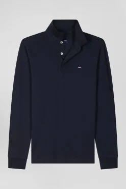 Polo manches longues en piqué coton bleu marine coupe Slim