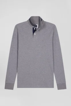 Polo manches longues en piqué coton gris