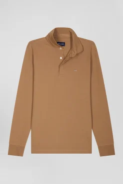 Polo manches longues en piqué coton camel coupe Slim