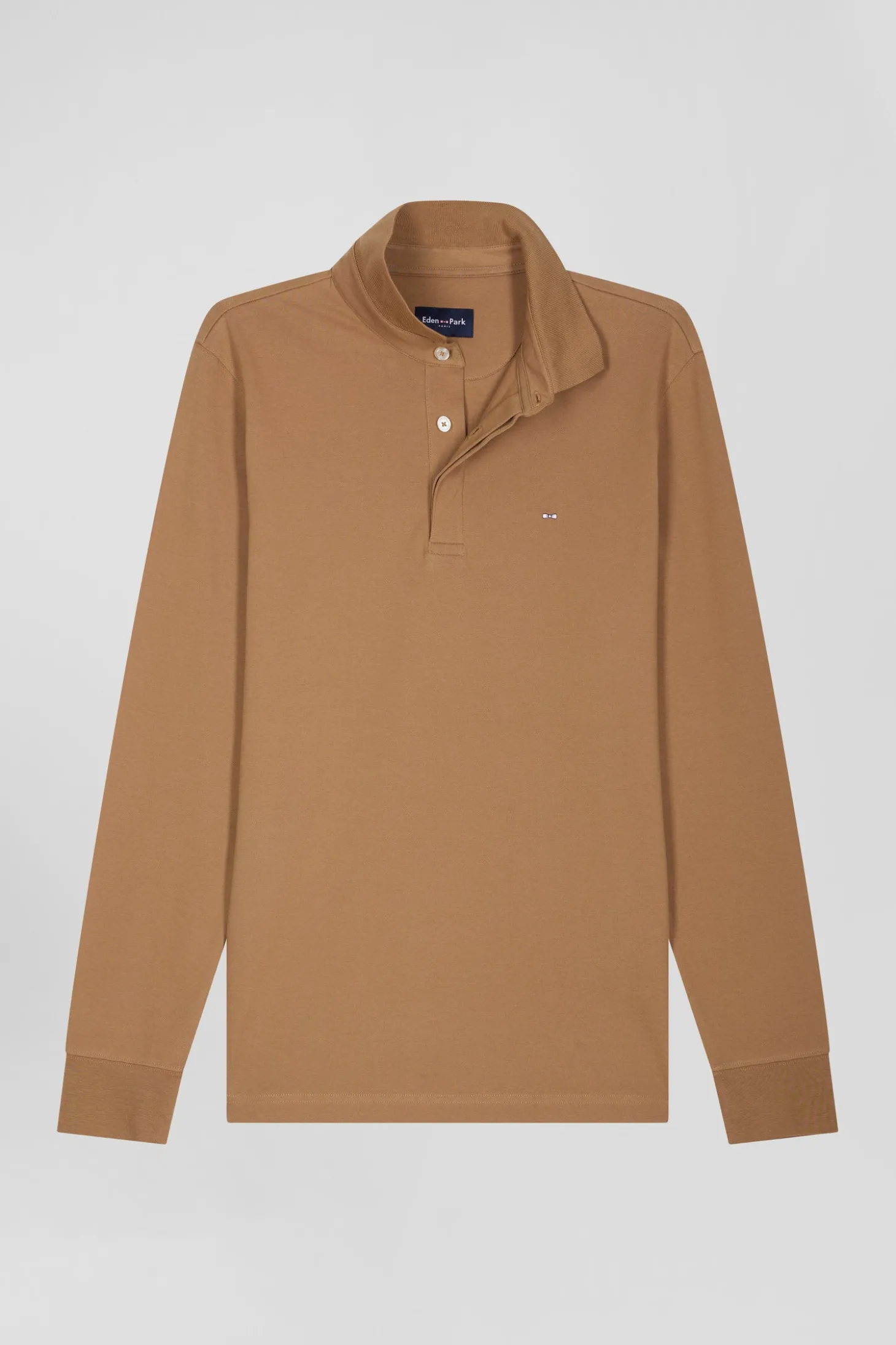 Polo manches longues en piqué coton camel coupe Slim