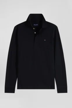 Polo manches longues en piqué coton noir coupe Slim