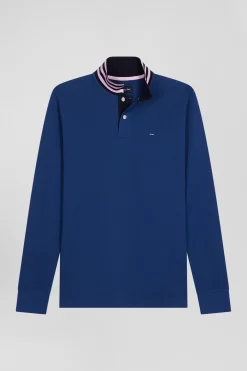 Polo manches longues en piqué coton bleu foncé col cerclé coupe Regular