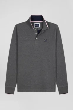 Polo manches longues en piqué coton gris détails tricolores coupe Regular