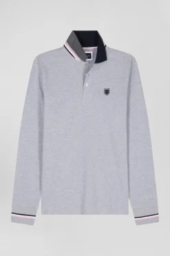 Polo manches longues en piqué coton gris écusson gomme coupe Regular