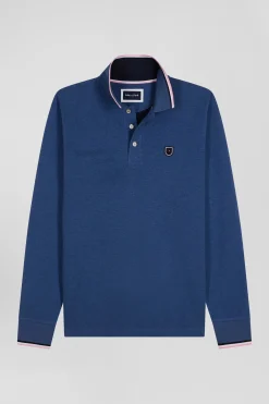 Polo manches longues en piqué coton bleu foncé détails tricolores coupe Regular