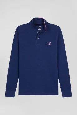 Polo manches longues en piqué coton bleu marine détails roses coupe Regular