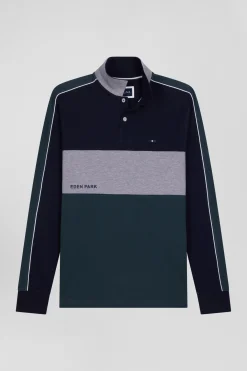 Polo manches longues en piqué coton vert chiné coupe Regular