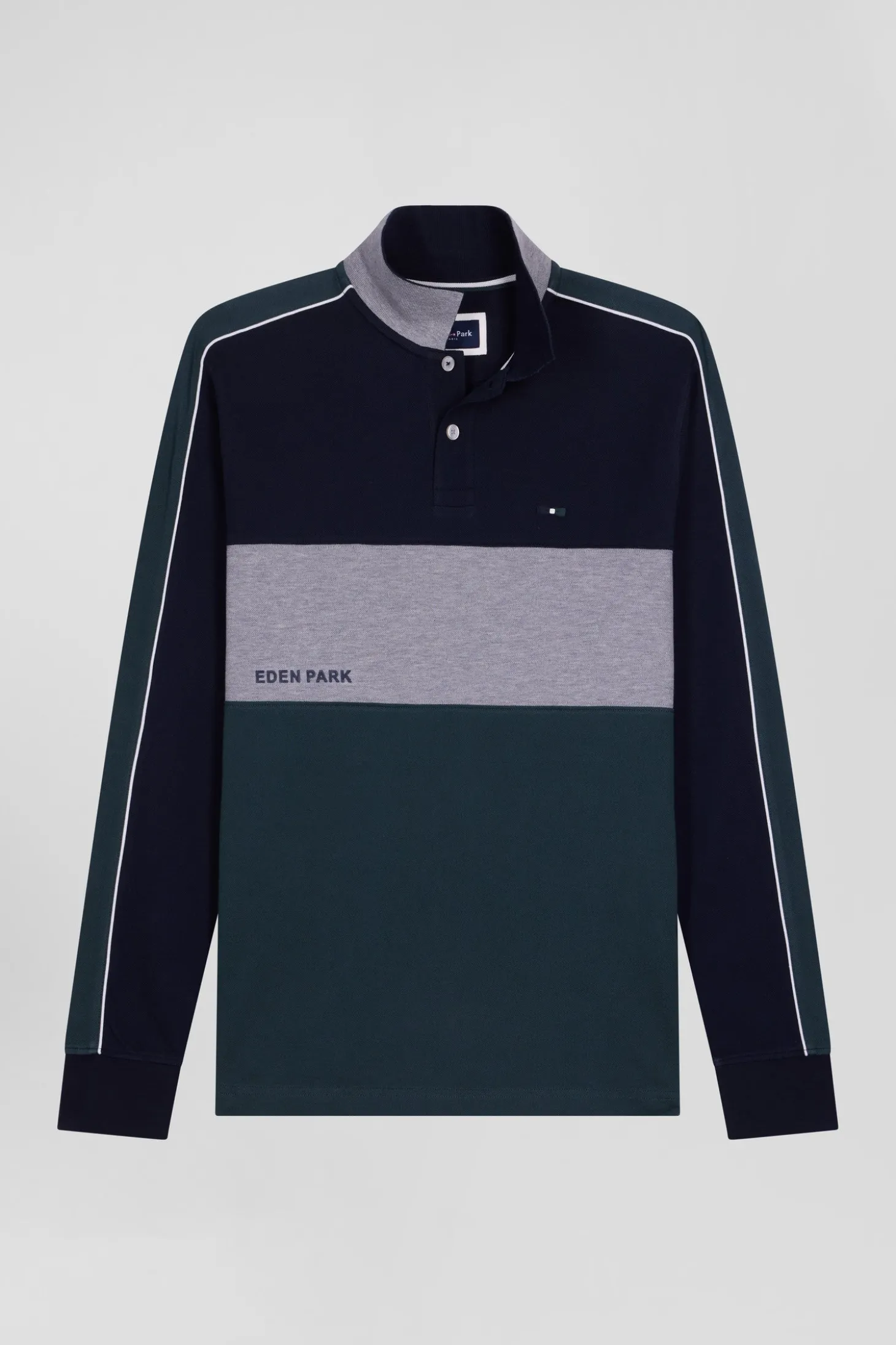 Polo manches longues en piqué coton vert chiné coupe Regular