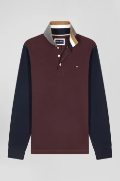 Polo manches longues en piqué coton bicolore bordeaux col jacquard coupe Regular