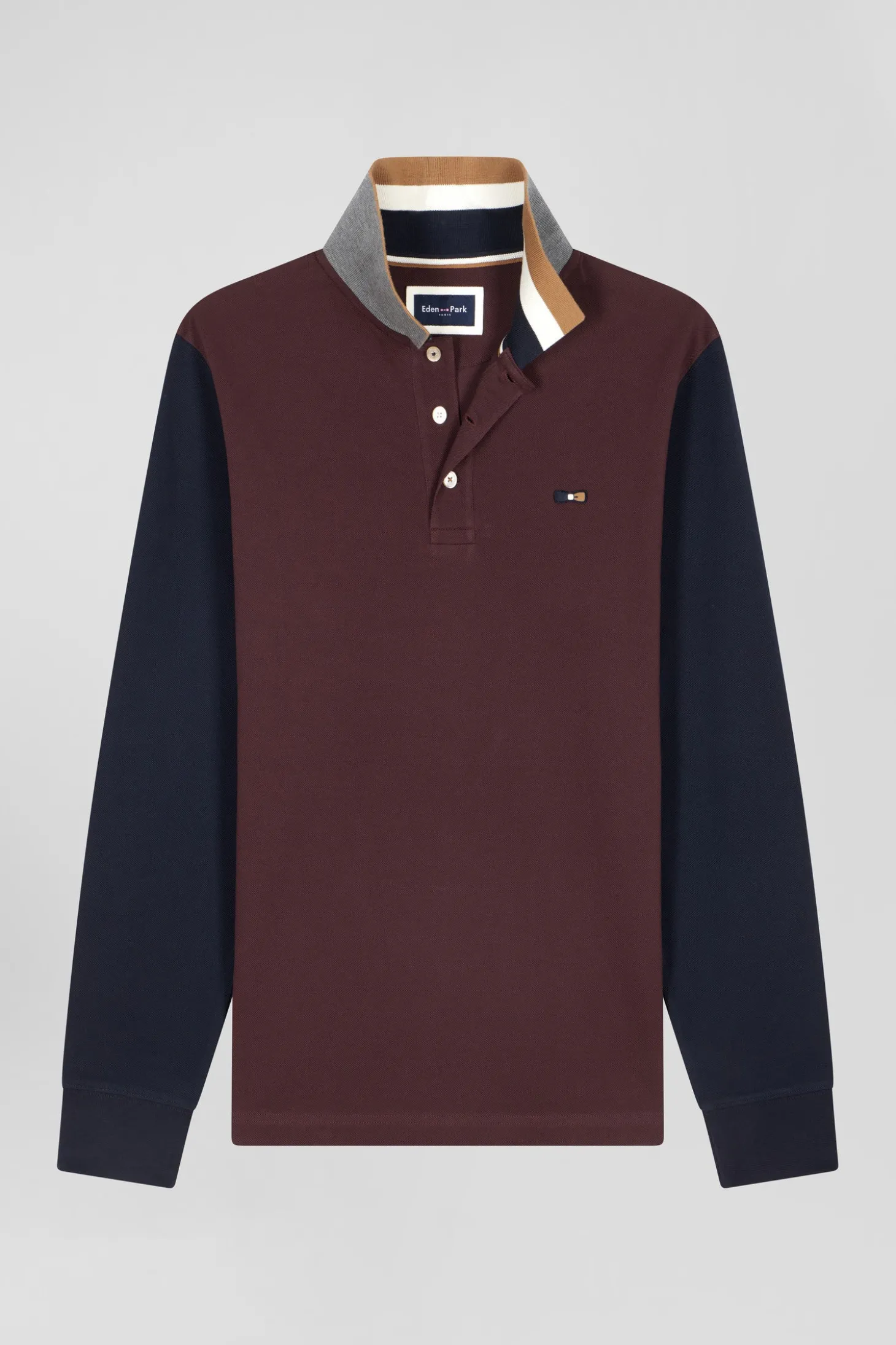 Polo manches longues en piqué coton bicolore bordeaux col jacquard coupe Regular