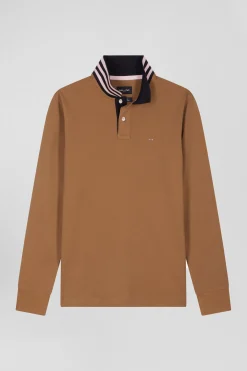 Polo manches longues en piqué coton camel col cerclé coupe Regular