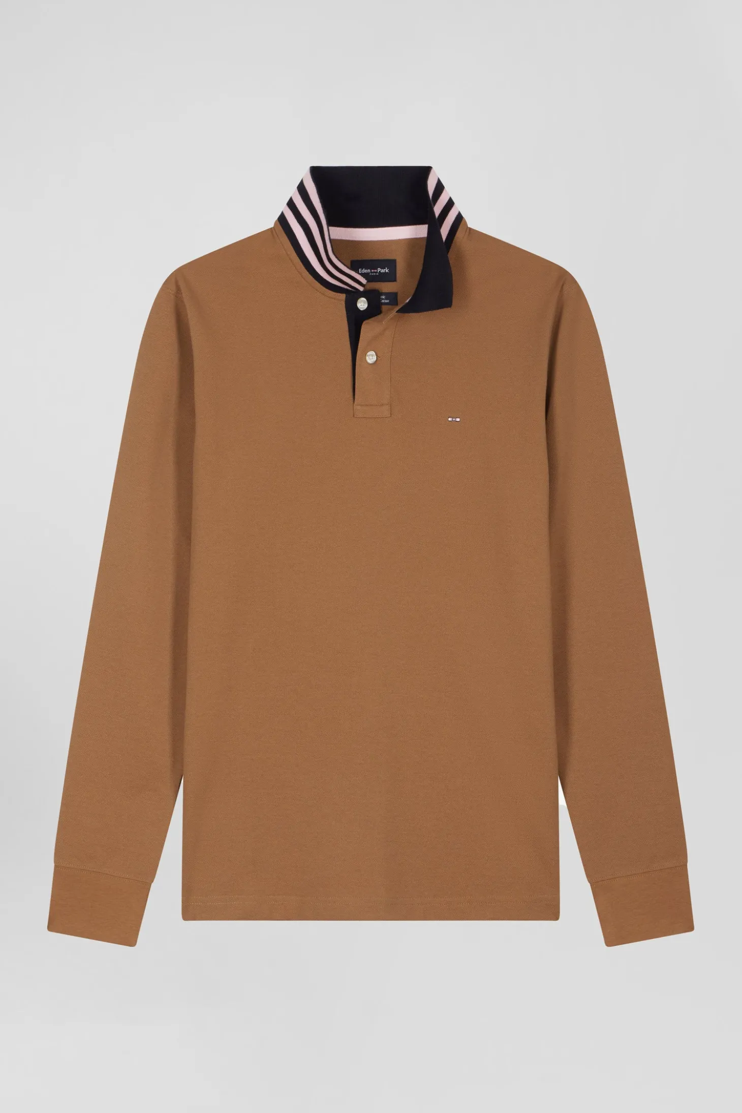 Polo manches longues en piqué coton camel col cerclé coupe Regular