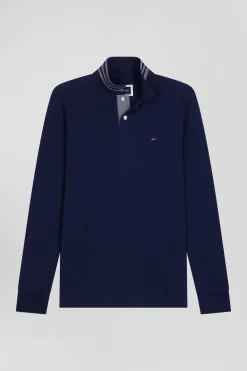 Polo manches longues en piqué coton bleu marine
