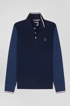 Polo manches longues en piqué coton bleu marine col jacquard écusson gomme coupe Regular