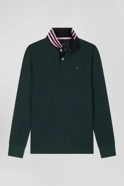 Polo manches longues en piqué coton vert foncé coupe Regular