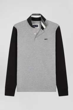 Polo manches longues en piqué coton bicolore noir col jacquard coupe Regular