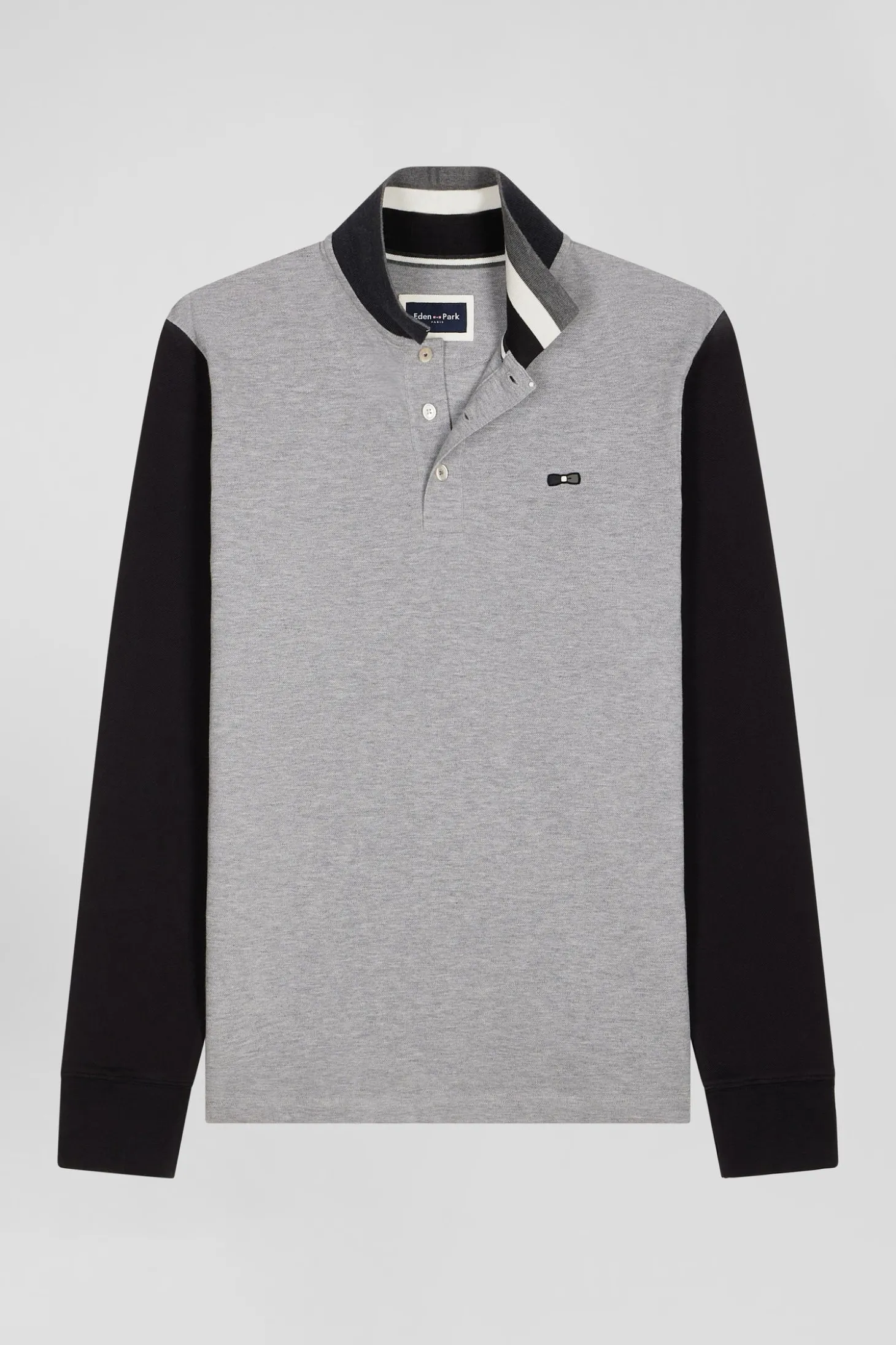 Polo manches longues en piqué coton bicolore noir col jacquard coupe Regular