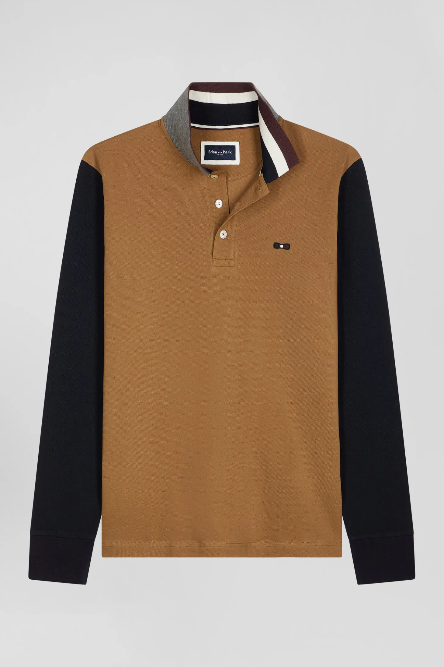 Polo manches longues en piqué coton bicolore camel col jacquard coupe Regular