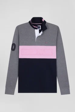 Polo manches longues en piqué coton gris broderie matelassée coupe Regular