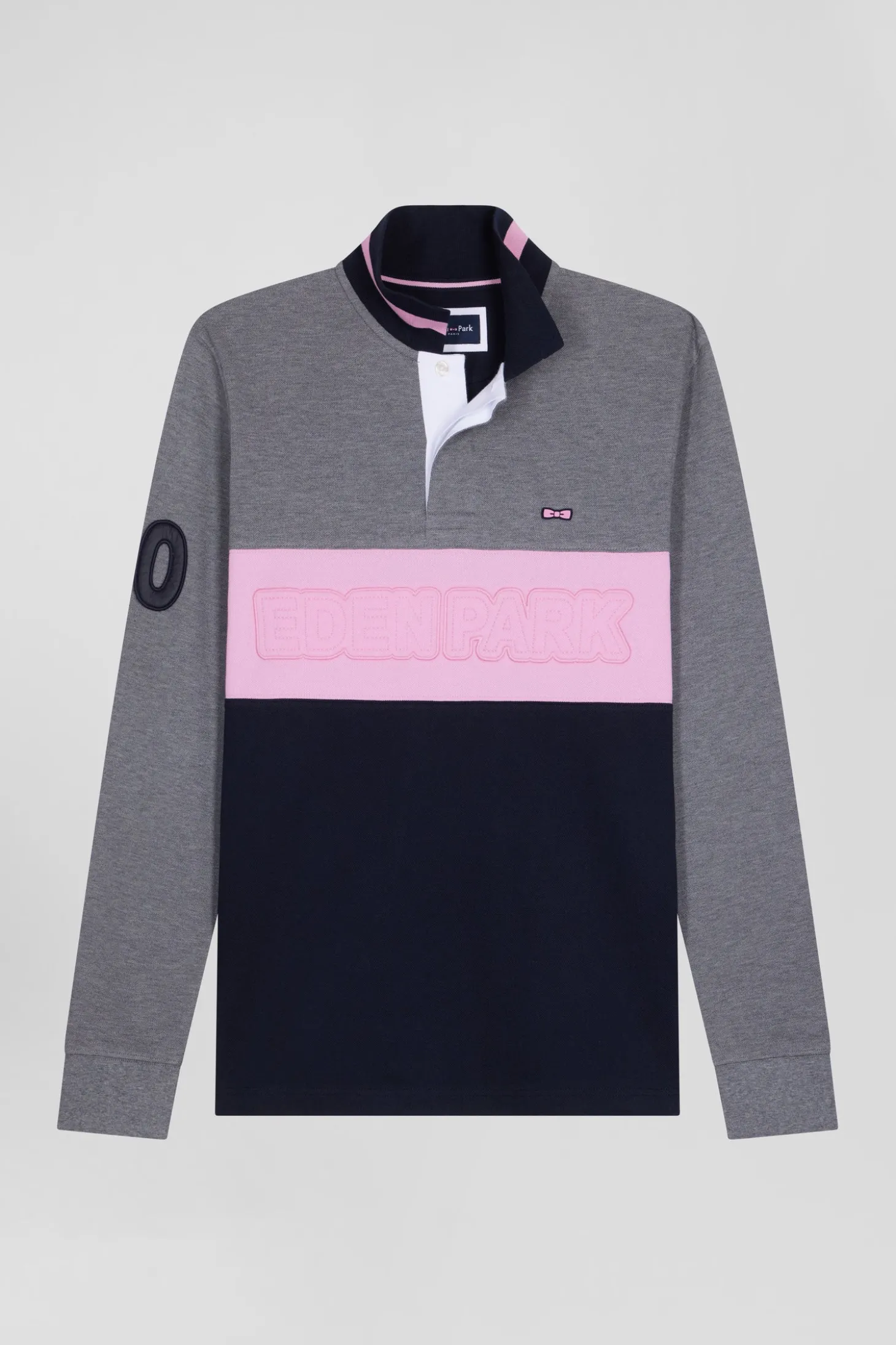 Polo manches longues en piqué coton gris broderie matelassée coupe Regular