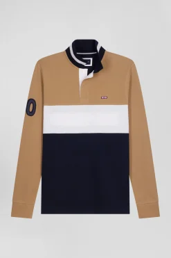 Polo manches longues en piqué coton camel broderie matelassée coupe Regular