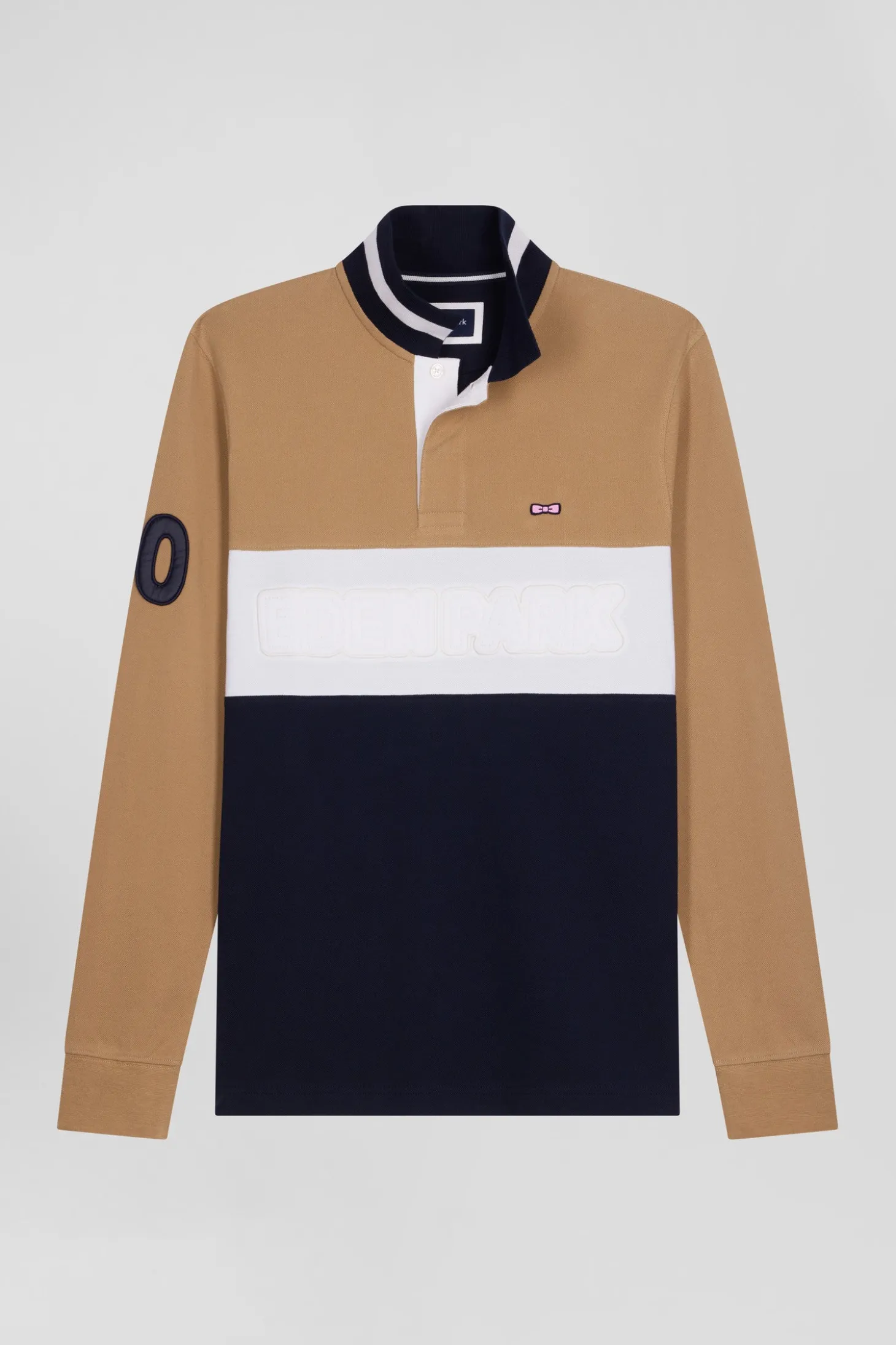 Polo manches longues en piqué coton camel broderie matelassée coupe Regular