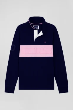 Polo manches longues en piqué coton bleu marine broderie matelassée coupe Regular