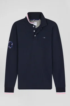 Polo manches longues en piqué coton bleu marine broderie XV de France coupe Regular