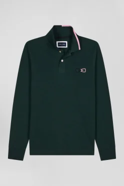 Polo manches longues en piqué coton vert détails roses coupe Regular