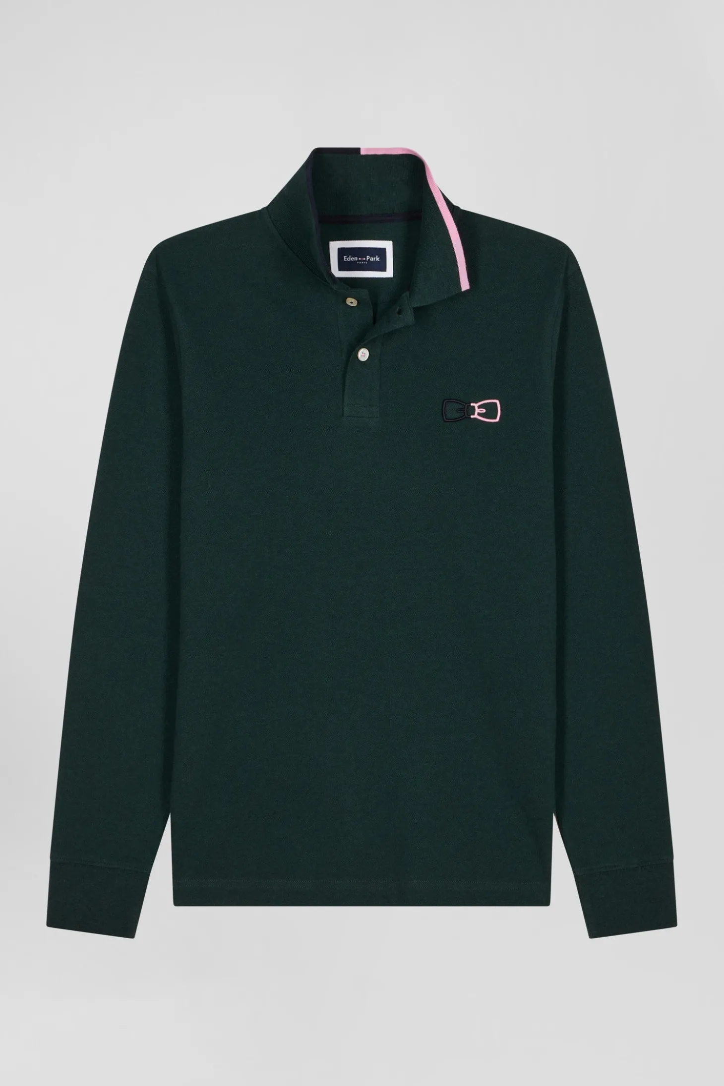 Polo manches longues en piqué coton vert détails roses coupe Regular