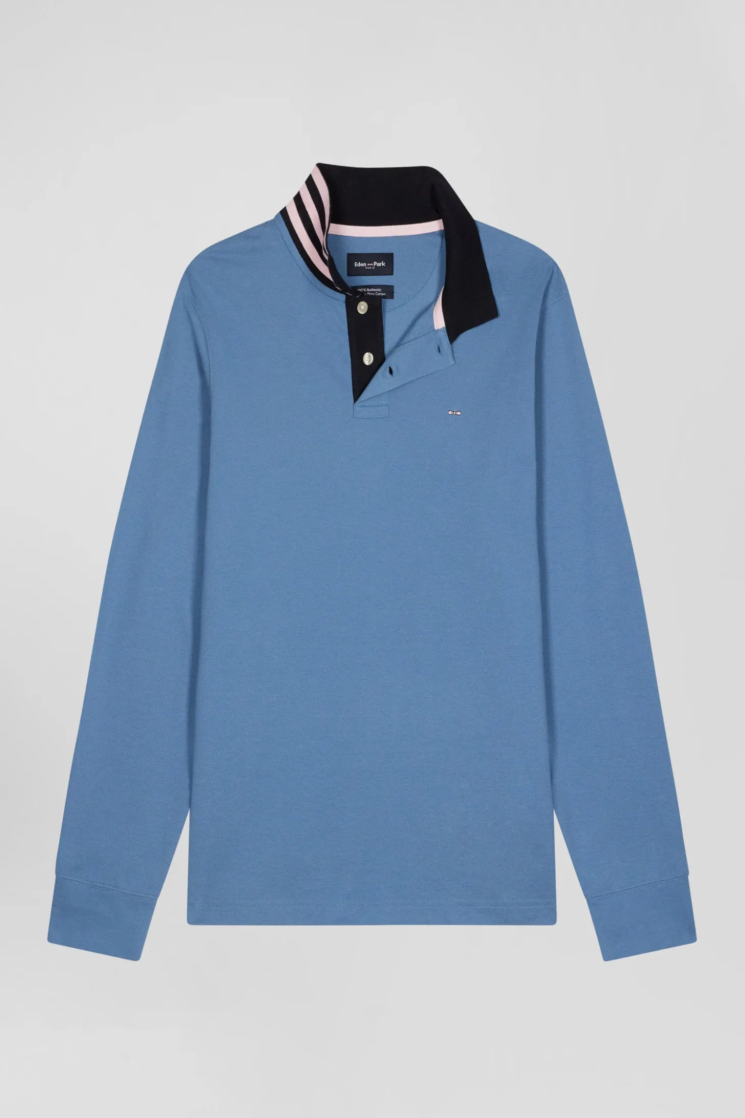 Polo manches longues en piqué coton ciel col cerclé coupe Regular